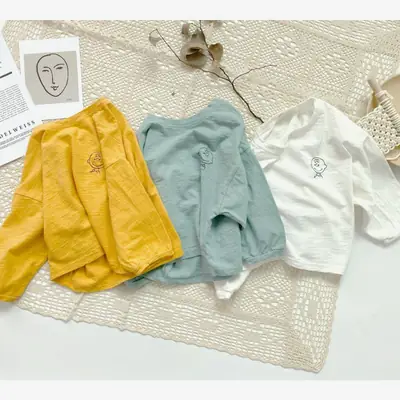 Spring Boys T-Shirt Long Sleeve Round Neck Embroidered Korean Style Loose Fit