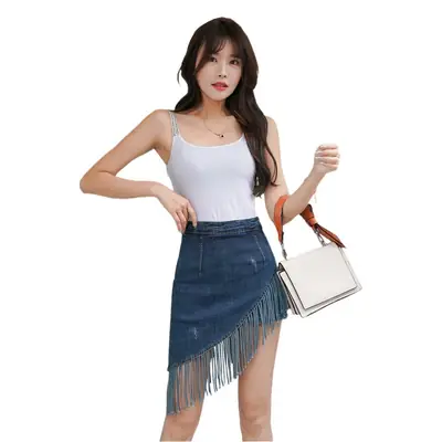 Women Denim Skirt High Waist Zipper Fake Two Piece