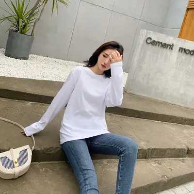 Women Long Sleeve Cotton T-Shirt Orange Round Neck