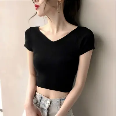Women V-Neck Short Sleeve White T-Shirt Summer Wear