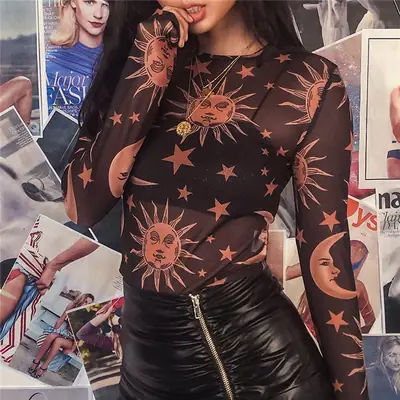 Women Long Sleeve Mesh T-Shirt Star Print Red Plaid Pants