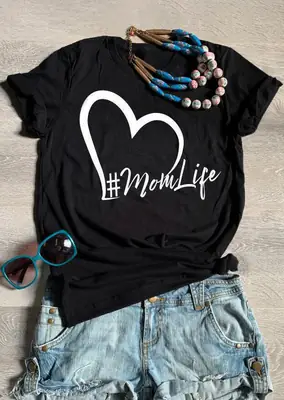 Black T-Shirt with Heart Design "Mom Life" for Women Men