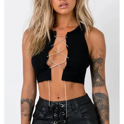 2024 Black Lace-Up Vest with Rhinestone Chain for Women