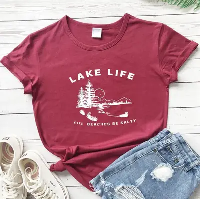 Women's Black Lake Life Tee with Beach Design