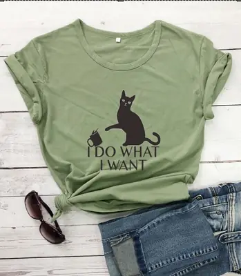 Women's Cat Print T-Shirt Navy Blue Do What I Want