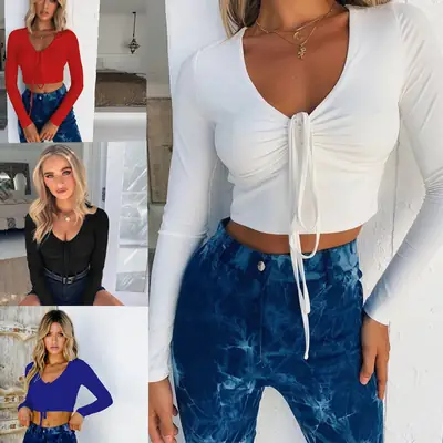 2025 V Neck Long Sleeve Women's Top Black