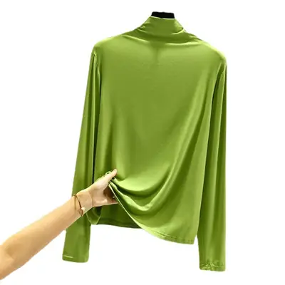 Women Blue Long Sleeve T-Shirt Half High Collar