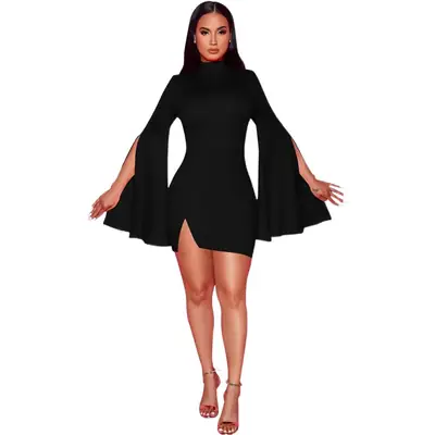 Red Flared Long Sleeve Slit Dress for Women