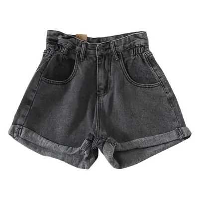 Women Retro High Waist Denim Shorts Grey