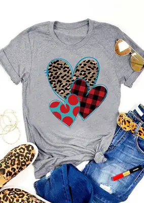Foreign Trade Valentine Heart Print T-Shirt Grey
