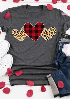 Heart Leopard Print T-Shirt Grey Short Sleeve