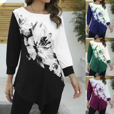 Women 3D Floral Printed T-Shirt Purple White Crew Neck