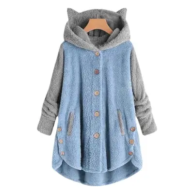 Women Button Hooded Cat Ear Plush Jacket Blue