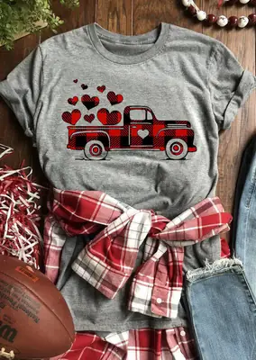 Women Red Heart Truck T-Shirt