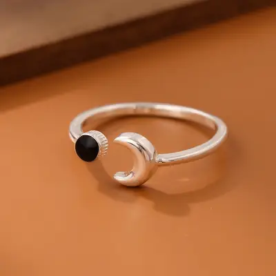 Women's Fashion Moon Black Glue Drop Ring Silver