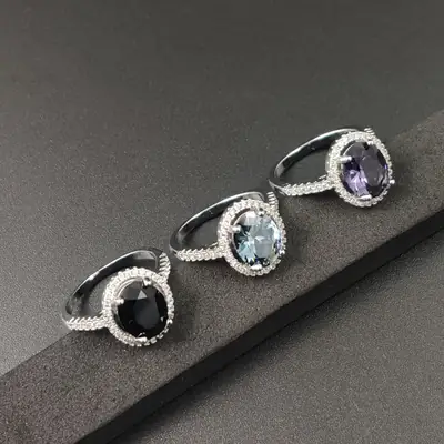 European Luxury Dark Blue Zircon Ring with Sparkling Diamonds