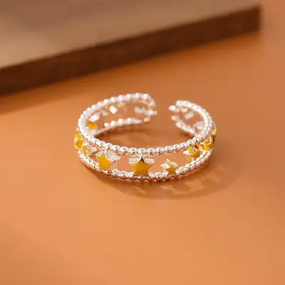Double Five Pointed Star Open Ring Women Bracelet Gold Plated