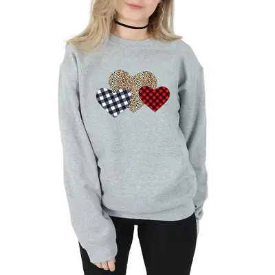 Gray Heart Print Sweatshirt for Women Valentine's Day