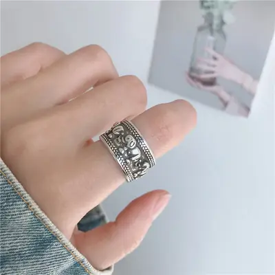 S925 Silver Open Ring with Elephant Carved Design