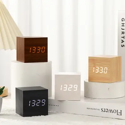 Led Digital Alarm Clock Wooden Black White