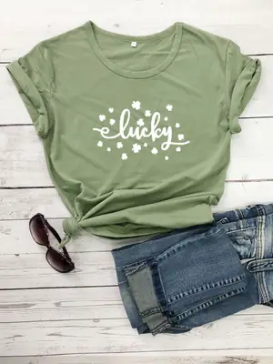 Lucky Lettered T-Shirt Green Cotton Short Sleeve