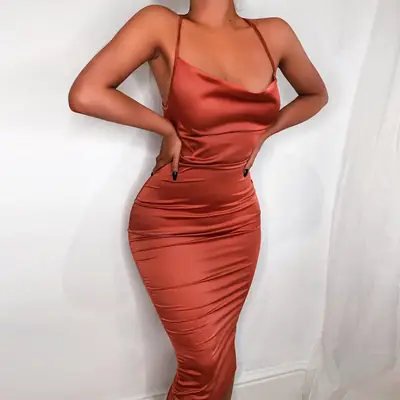2024 Imitation Silk Halterneck Hip Skirt Dress Women