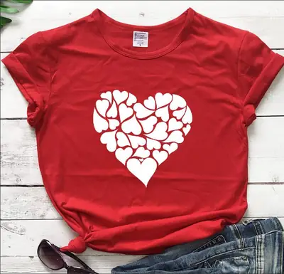 Gray Heart Print Short Sleeve T-Shirt for Women