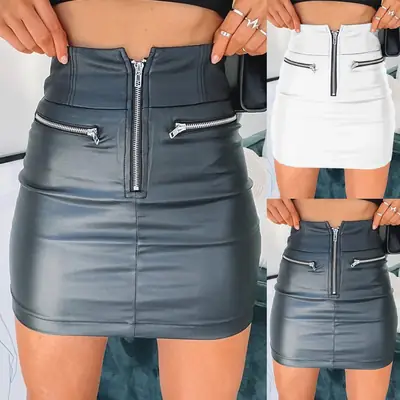 Women Leather Zipper Hip Skirt Grey American European