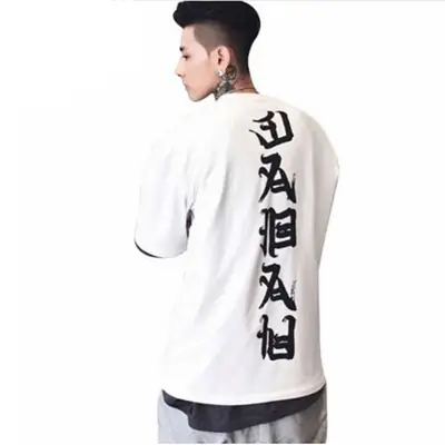 Men White Short Sleeve T-Shirt with Japanese Text Back