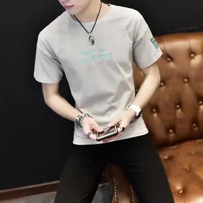Men Black Slim Fit Short Sleeve T-Shirt Korean Style