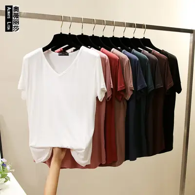 Women Black V Neck T-Shirt Slim Fit Short Sleeve