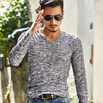 Men's Grey Marbled Long Sleeve T-Shirt Slim Fit Casual
