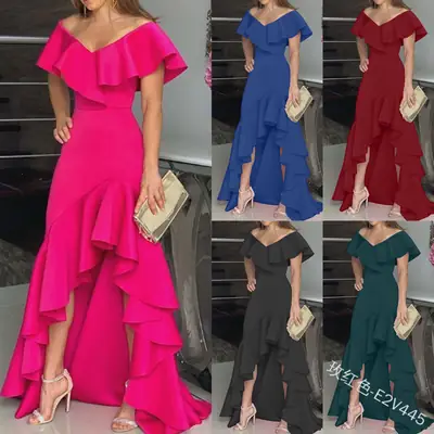 Women's Green Ruffled V Neck Dress with Asymmetrical Flare