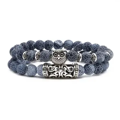 Blue Beaded Bracelet with Owl & Buddha Design