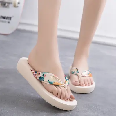 Bohemian Slippers for Women, Summer Outdoor Wear, Mid-Heel Silk Flip-Flops, Casual Non-Slip Beach Sandals, Wear-Resistant