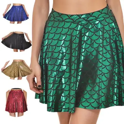 Elegant Women's Green Fish Scale Pleated Skirt