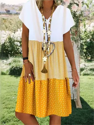 Women V-Neck Yellow Polka Dot Shorts Dress