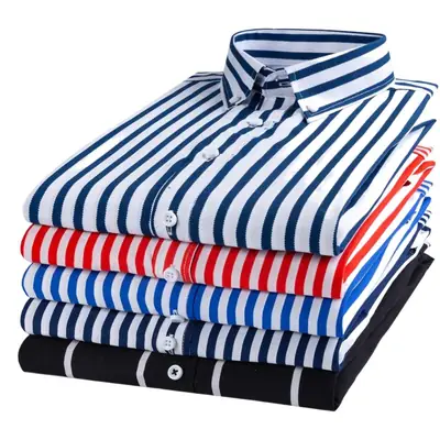 Men Striped Slim Fit Long Sleeve Shirt Blue Red Black