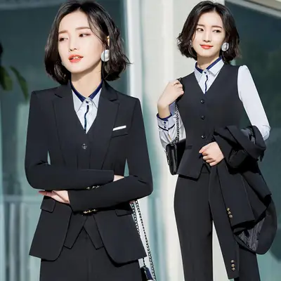 Korean Style Women Business Suit Navy Blue Slim Fit