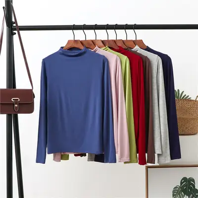 Women Korean Style Blue Long Sleeve Shirt Solid Color Modal