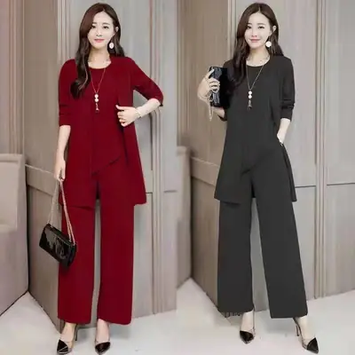 Women's Red Shawl Vest Wide Leg Pants Spring Autumn Set