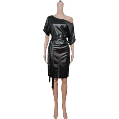 Black Leather One-Sided Slope Collar Dress with Bat Wing Short Sleeve