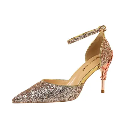 Silver Glitter High Heels with Pointed Toe and Sequins Strap