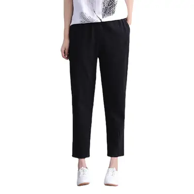 Women Cotton Linen Hallen Pants Black Straight Leg Ankle