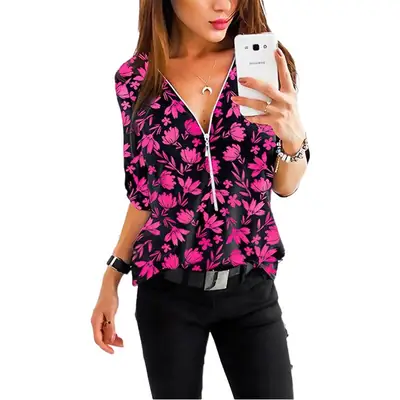 Women Floral Zipper Shirt Blue V-Neck Medium