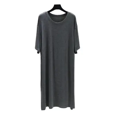 2021 Cotton Split Hem Casual Dress Green Round Neck