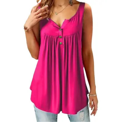 2019 Summer New Pure Color Pleated Sleeveless Women's T-Shirt Mid-Length Button Vest