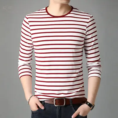 Men Red White Striped Long Sleeve T-Shirt
