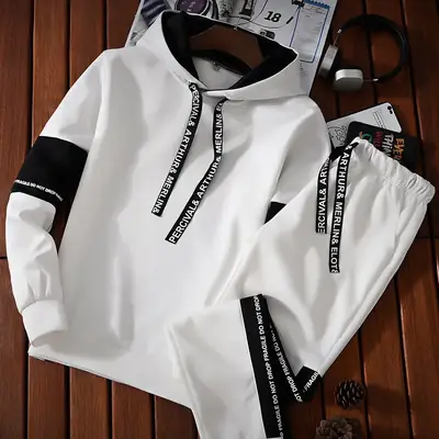 Men's White Korean Hooded Sweatshirt Set with Sports Pants