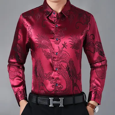 Men's Dragon Print Mercerized Cotton Shirt Red